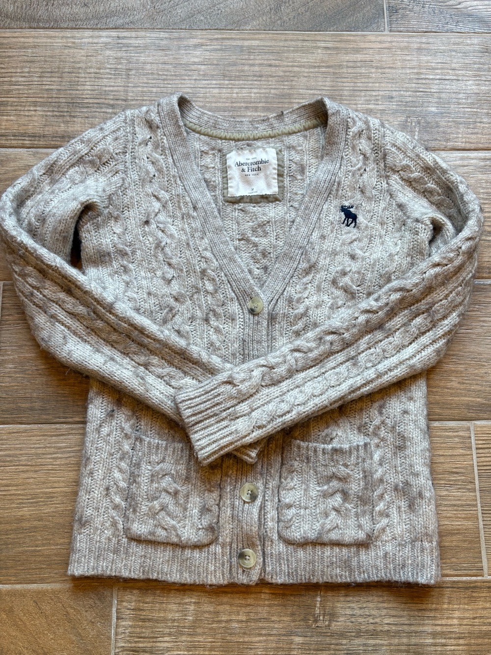 Vintage Abercrombie & Fitch Cream Cable-Knit V-Neck Cardigan, Wool & Alpaca, Med